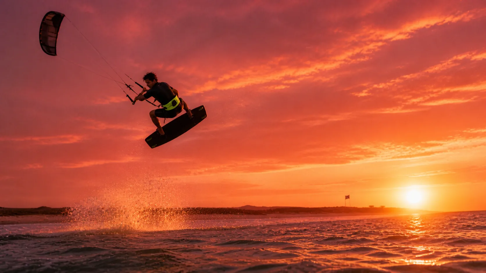 Kitesurfer King Kendze in air maneuver al tramonto a Dakhla, harness lime signature