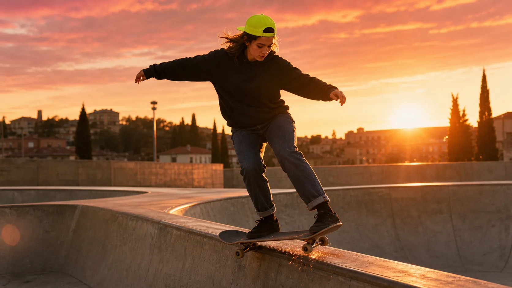 Skater King Kendze in slide su bowl edge allo skatepark di Siena al tramonto, cap lime signature