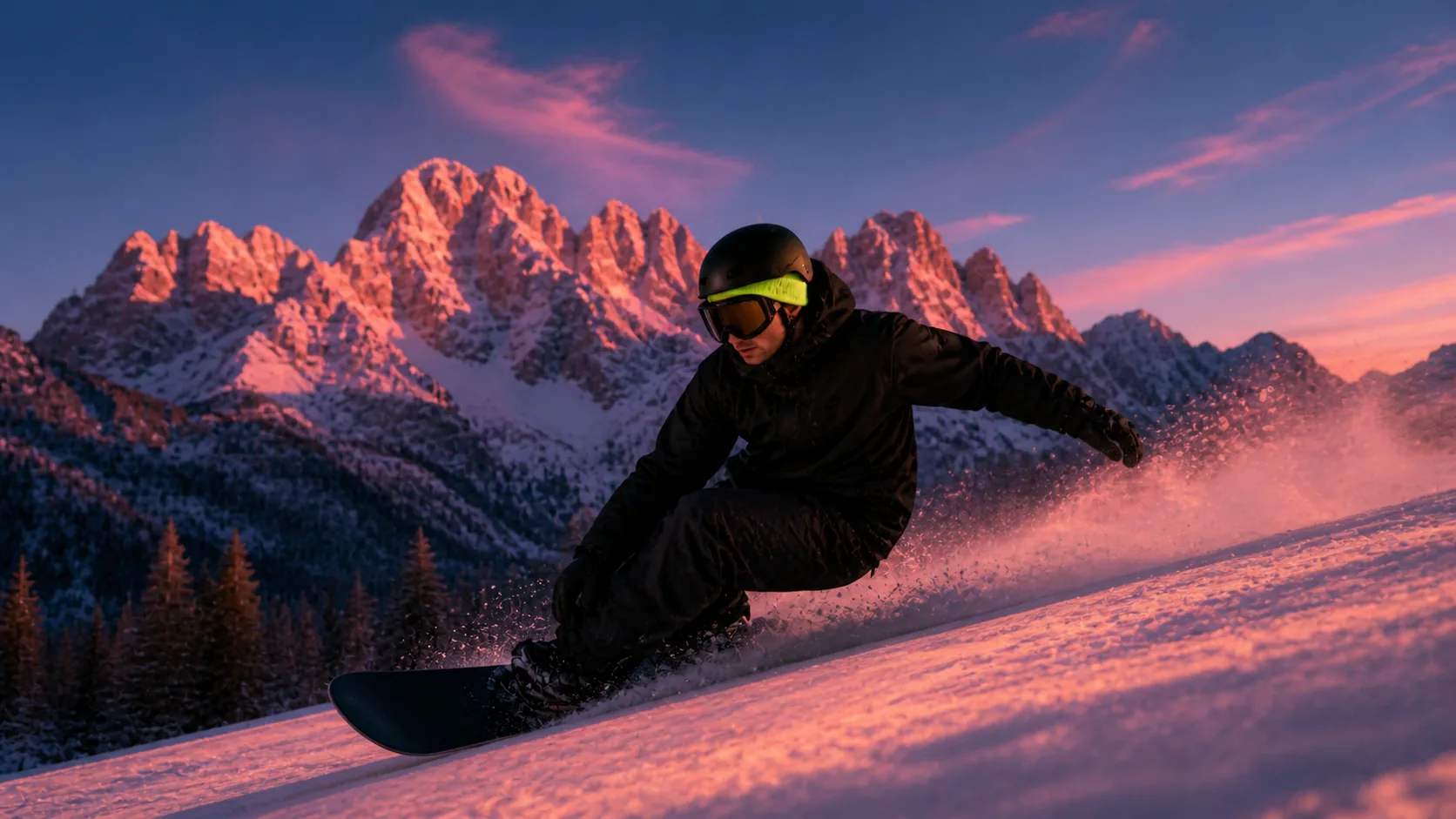 Snowboarder King Kendze in carving sulle Dolomiti al tramonto, alpenglow rosa sui peaks, beanie lime sotto helmet