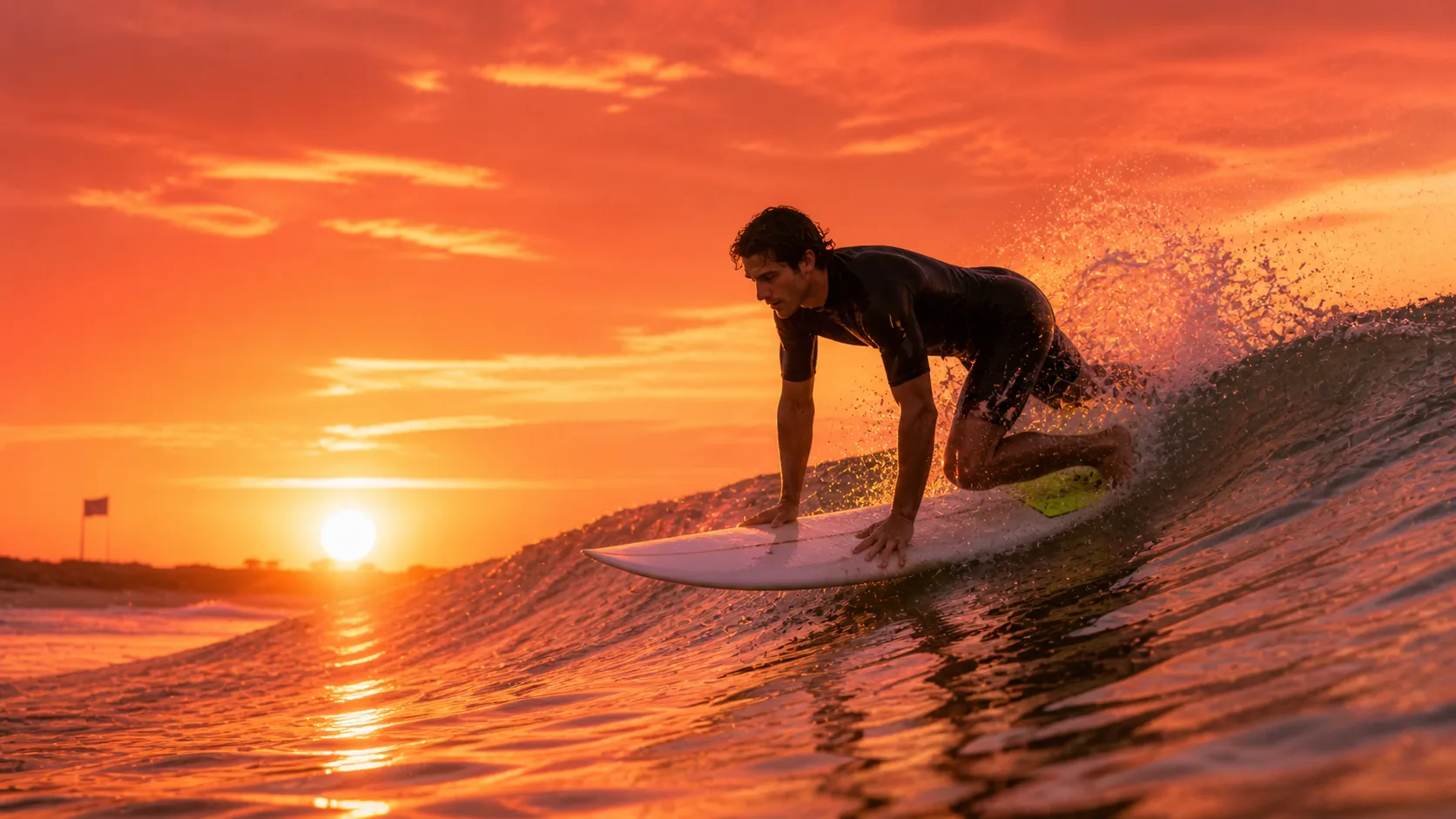 Surfer King Kendze in take-off su onda atlantica al tramonto, traction pad lime sulla tavola