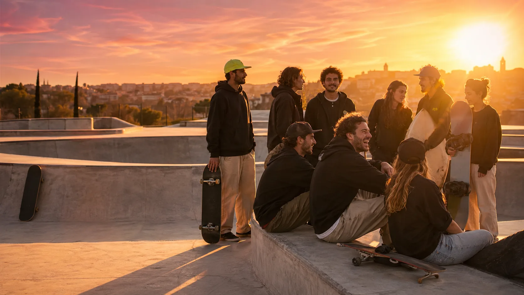 La tribe King Kendze allo skatepark di Siena al tramonto — gruppo con skate, snow, surf e kite