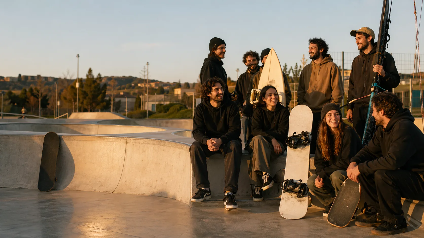 La tribe King Kendze allo skatepark Bruno Bianciardi di Siena, gruppo di tesserati al tramonto